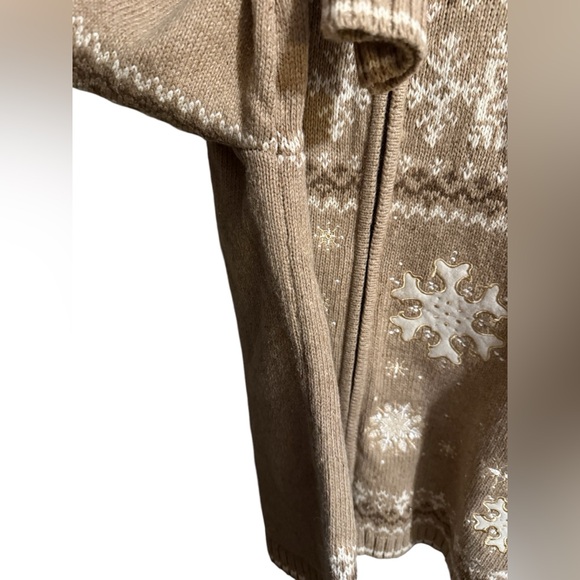 CARDIGAN SWEATER Zip Up CROFT & BARROW tan white SNOWFLAKES medium - Picture 2 of 13